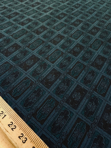 Vintage Fabric 1970s Denim Blue Cotton Shirting w/ Small Decorative Rectangles 88cm Wide