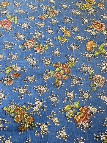 LAST PIECE Vintage Fabric 1970s Cottagecore Floral on Blue 88cm x 50cm