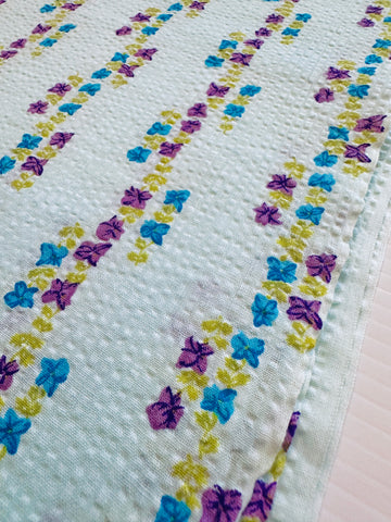 Vintage Fabric 1960s Small Retro Flowers on Pale Blue Cotton Plisse 88cm Wide