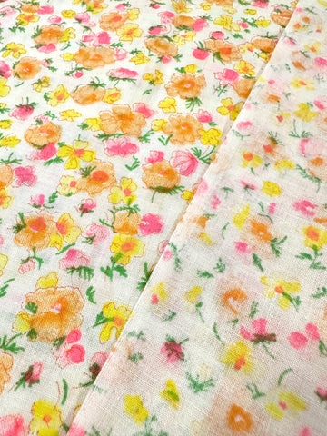 Vintage Fabric 70s Bright Flowers on White Cotton 88cm Wide