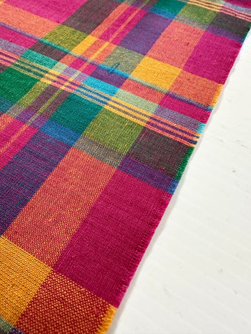 Vintage Fabric 70s 80s Bright Woven Plaid Madras? Cotton 86cm Wide
