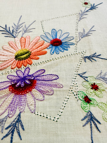 Vintage Tablecloth Centrepiece Embroidered Bright Flowers on Pale Lemon 70s? 46cm x 44cm