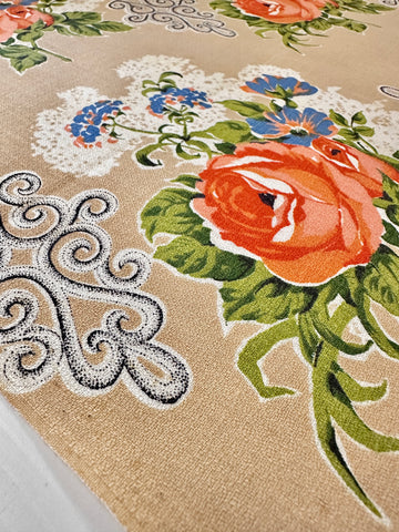 FAT QUARTER Vintage Fabric 1950s Flowers on Tan Cotton Cretonne 43cm x 50cm