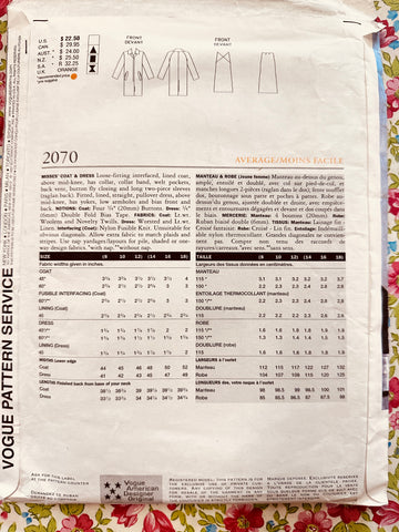 COAT & DRESS: Vogue American Designer Sewing Pattern Marc Jacobs 1997 Size 8-10-12 Complete FF *2070