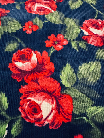 REMNANT Vintage Fabric 70s Cotton Pinwale Cord Red Pink Roses 44cm x 35cm