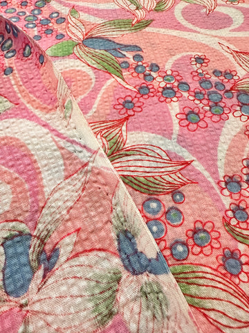 Vintage Fabric 1960s 70s Pacifica Psychedelic Pink Tropical Cotton Plisse 88cm Wide