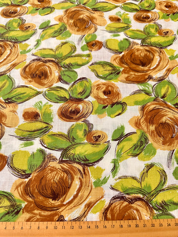 Vintage Fabric 1960s Large Brown & Green Floral on White Cotton 88cm Wide