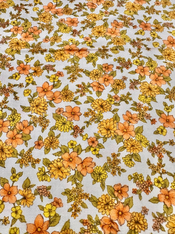 Vintage Fabric 60s 70s Basket Weave Cotton Bright Floral on White 88cm Wide