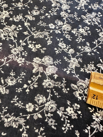 LAST PIECE Vintage Fabric 1950s? Small White Flowers on Black 87cm x 50cm