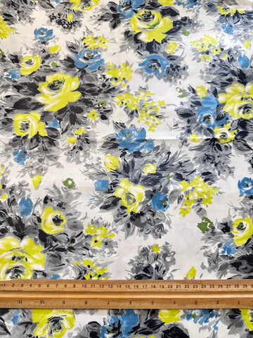 Vintage Fabric 1950s Rare Chintz Dress Cotton Bright Chartreuse & Blue Roses on White Cotton Evening Wear 88cm Wide