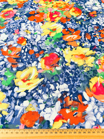 LAST PIECE Vintage Fabric 1980s? Impressionist Painterly Flowers on Blue Cotton 140cm x 50cm