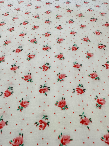 Vintage Fabric 1980s Delightful Tiny Pink Rose on White & Tiny Spot 88cm Wide