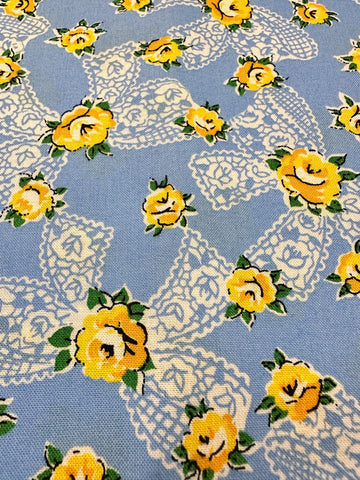 REMNANT Modern Fabric Everything But The Kitchen Sink 2016 Pinafore Yellow Roses w/ Bows on Blue RJR Studio Quilt Cotton 55cm x 30cm