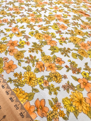 Vintage Fabric 60s 70s Basket Weave Cotton Bright Floral on White 88cm Wide
