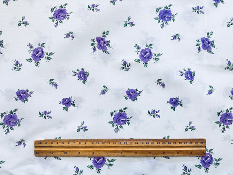 PILLOW CASE Vintage Fabric Purple Green Roses on White Crispy Cotton 65cm x 42cm