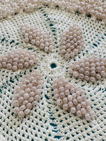 Vintage Crochet Milk Jug Cover w/ Glass? Beads Doily 16cm Diameter