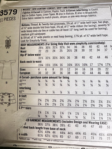 MISSES’ 18th CENTURY CORSET, SHIFT & PANNIERS: Butterick Making History Sewing Pattern Size 14-16-18-20-22 *8579