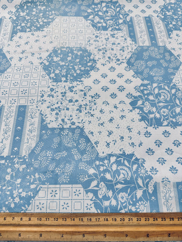 FAT QUARTER Vintage Fabric 1980s Faux Hexie Quilt Blues & White Laura Ashley Style 44cm x 50cm