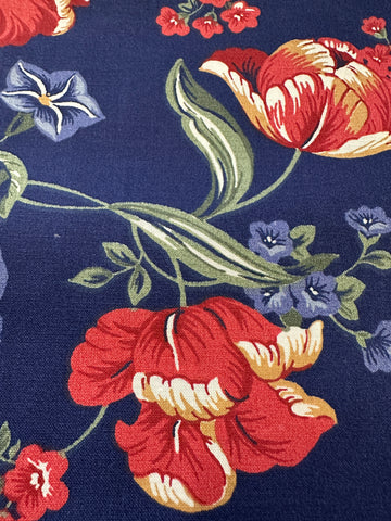 Vintage Fabric 1980s Wamsutta Blue Red Flowers on Navy Cotton Blend 112cm Wide