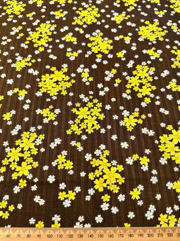 Vintage Fabric 1960s Yellow Daisies on Chocolate Brown Textured Cotton 88cm Wide