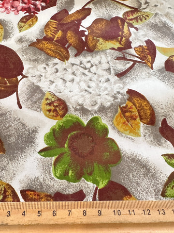 Vintage Fabric 1960s Wow! Rich Red Pink Flowers & Brown Leaves Polished Cotton 88cm Wide