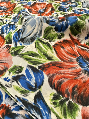 Vintage Fabric Rare MCM 1950s Bright Painterly Floral on White Dress Rayon 88cm Wide