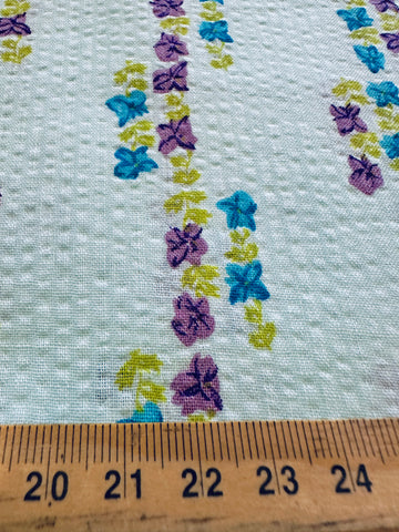 Vintage Fabric 1960s Small Retro Flowers on Pale Blue Cotton Plisse 88cm Wide