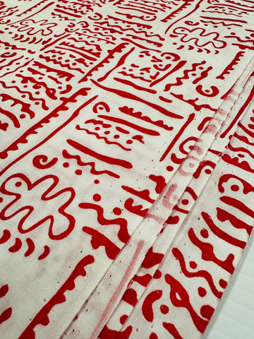 Vintage Fabric 1980s Red Squiggle on White Cotton Blend 112cm Wide