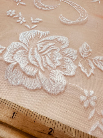 Vintage Fabric 1960s Rare Border Print Flocked Flowers Scalloped Edge Orange Nylon 106cm Wide