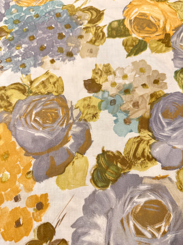 LAST PIECE Vintage Fabric 1960s Painterly Grey Roses Leaves Cotton 88cm x 50cm