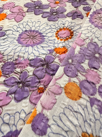 Vintage Fabric 1960s 70s Pure Retro Purple Daisies Cotton Plisse 88cm Wide