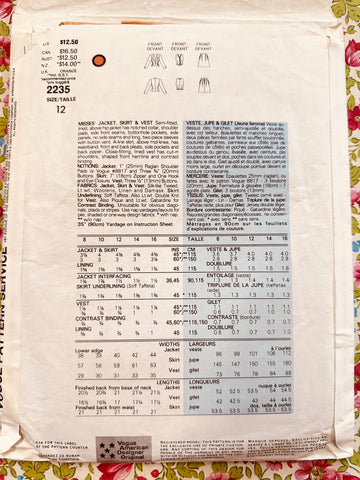 JACKET, SKIRT & VEST: Vogue American Designer Sewing Pattern Bill Blass 1989 Size 12 Complete FF *2235