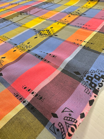 REMNANT Vintage Fabric 70s? 80s? Modern? Bright Woven Plaid w/ Graphic Overprint Shirting 54cm x 31cm