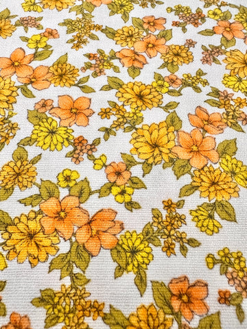 Vintage Fabric 60s 70s Basket Weave Cotton Bright Floral on White 88cm Wide