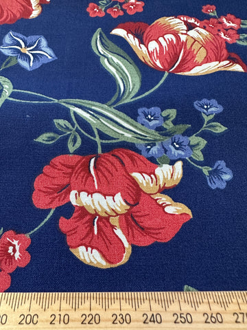 Vintage Fabric 1980s Wamsutta Blue Red Flowers on Navy Cotton Blend 112cm Wide