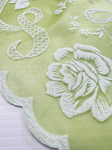 Vintage Fabric 1960s Rare Border Print Flocked Flowers Scalloped Edge Green Nylon 106cm Wide