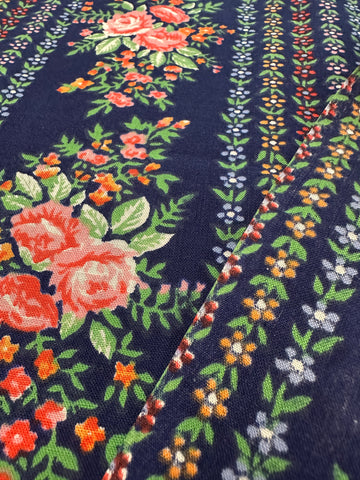 Vintage Fabric 1970s Navy Blue Cotton w/ Repeating Pink Flowers 88cm Wide