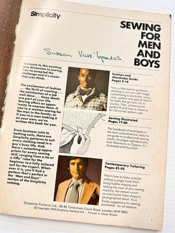 SEWING FOR MEN & BOYS: Simplicity Wardrobe Guide 1974 Techniques Instructions