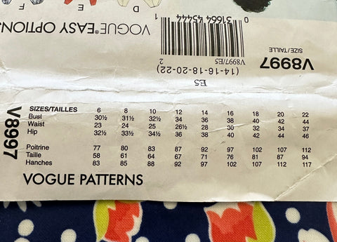 DRESS: Vogue Easy Options Sewing Pattern 2014 Sizes 14-22 Unused FF *V8997