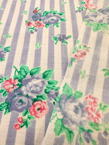LAST PIECE Vintage Fabric 1980s? Classic Flowers & Stripe Cotton 82cm x 50cm