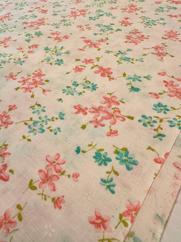 Vintage Fabric 1960s Pink & Blue Flowers on Pale Pink Cotton 88cm Wide