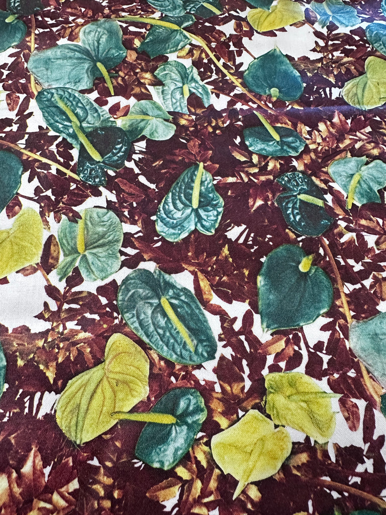 Vintage Fabric 1960s Wow! Anthurium Flowers & Brown Leaves Polished Cotton 88cm Wide