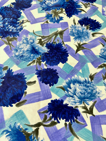LAST PIECE Vintage Fabric 1960s Intense Blue Flowers on Polished Cotton 88cm x 50cm