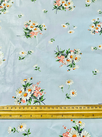Vintage Fabric 40s 50s Rare Chintz Dress Cotton w/ Pretty Bouquets on Sky Blue 88cm Wide
