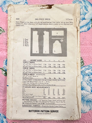 ONE-PIECE DRESS: Butterick Sewing Pattern 1960s Size 18 Bust 38 Unused FF *4580
