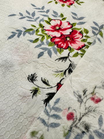 Vintage Fabric Embossed Cotton White Base w/ Pink Flowers 88cm Wide