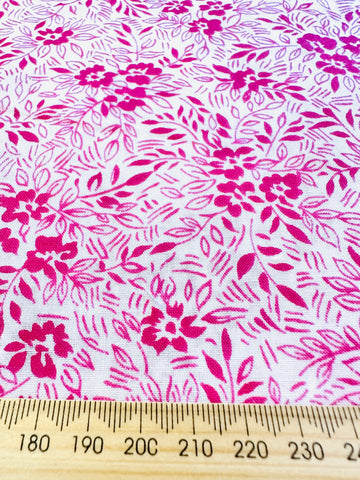 Vintage Fabric 1960s Bright Raspberry Pink Floral on White Cotton 86cm Wide