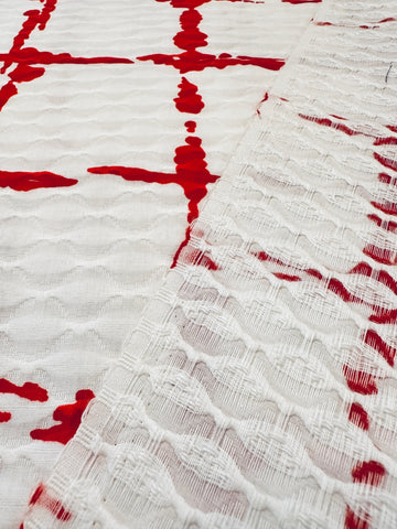 Striking Vintage Fabric 1960s?Waffle Weave Cotton w/ Mod Painted Lines 114cm Wide