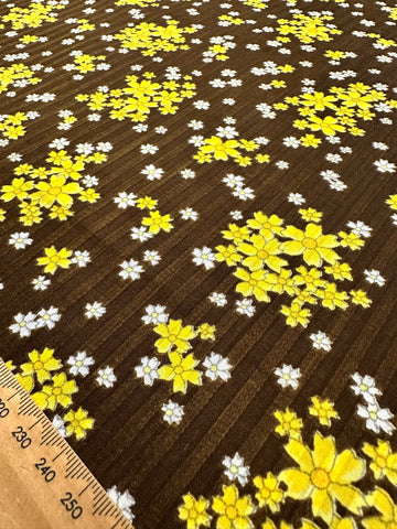 Vintage Fabric 1960s Yellow Daisies on Chocolate Brown Textured Cotton 88cm Wide