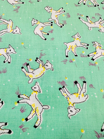 Vintage Fabric 1940s 50s Delightful Frolicking Lambs on Green Crispy Cotton 88cm Wide